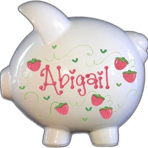 Girl&#39;s personalized piggy bank, strawberries in red and green, baby shower gift, birthday gift, Valentine&#39;s Day Gift