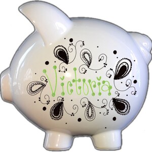 Personalized Piggy Bank with Black and White Paisley Design | White | Black | Large | Baby Gift | Gift for Girl| piggy bank