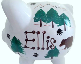 Boy's Piggy Bank Personalized | Handpainted |Ceramic| Custom banks for him |Nursery Decor | Personalized Baby Gift for Boy | Bear piggy bank