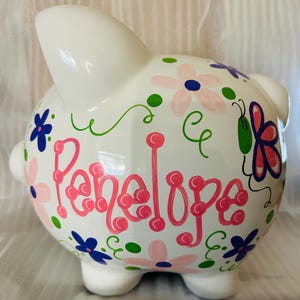 Personalized Piggy Bank with Flowers and Butterflies Pastel Design | White | Pink | Large | Baby Gift | Girl |