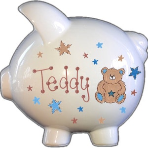 Personalized Piggy Bank with Teddy Bear Custom bank Piggy Bank baby Shower Gift Piggy Bank for Boy Ceramic Piggy Bank  Baby Shower Gift