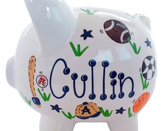 Personalized Sports Piggy Bank | Ceramic Nursery Decor, Baby Boy Gift