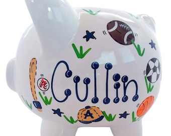 Boy's Piggy Bank Personalized |Ceramic bank Sports in Navy| Custom banks for him |Nursery Decor | Personalized Baby Gift for Boy | Boy Bank