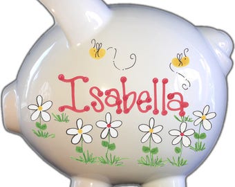 Hand Painted Personalized Piggy Bank - Custom Ceramic Nursery Decor