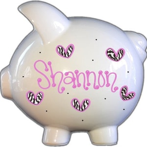 Zebra Hearts Piggy Bank for Girls, Baby shower gift, 1st Birthday keepsake, Piggy Bank for her