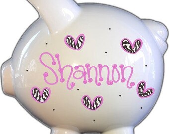 Personalized Zebra Hearts Ceramic Piggy Bank, Baby Girl Gift