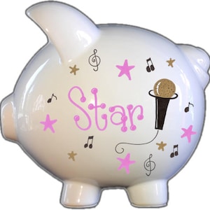 Personalized Piggy Bank with Rock star in pink and gold with microphone, birthday gift, tween piggy bank