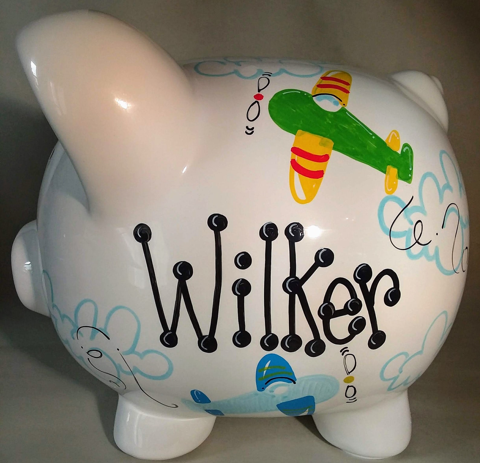 Personalized Piggy Bank with Airplane Design White Blue Etsy