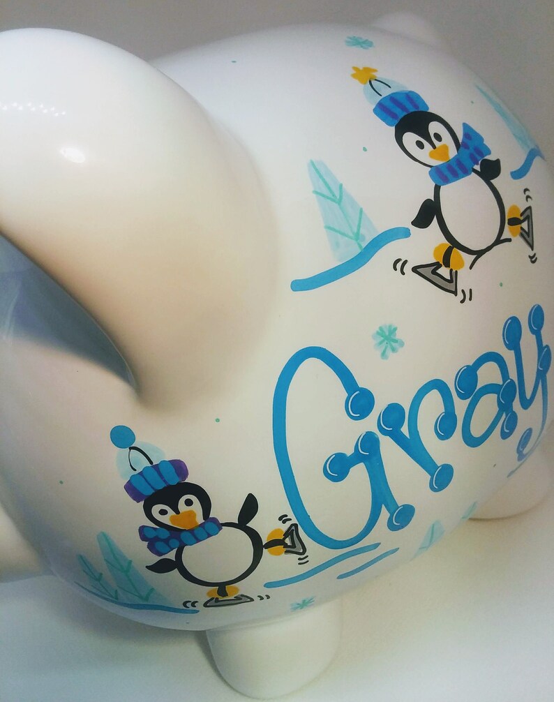 Personalized Piggy Bank With Penguins White and Blue large Etsy