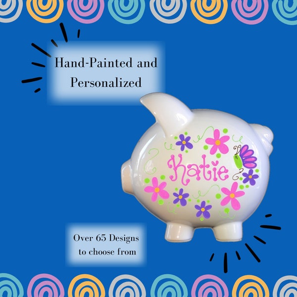 Personalized Gift for Baby,Piggy Bank with Flowers and Butterflies Hot Design, Hot Pink and Purple, personalized piggy bank girl