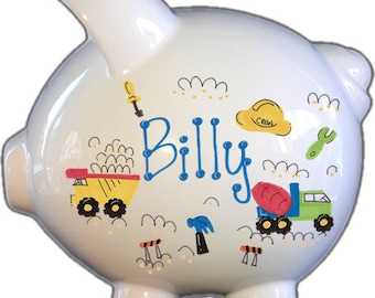 Personalized Piggy Bank for Boys | Roadwork Design, Ceramic Money Bank