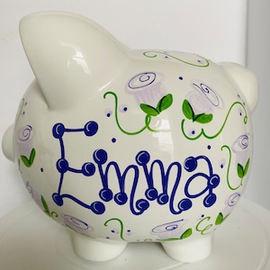 Personalized Piggy Bank with Lavender Roses Design | White | Lavender | Large | Girl | Baby Gift |