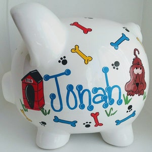 Personalized Puppy dog piggy bank in brown, blue, red, and yellow, perfect for birthday gift and baby shower gift, boy piggy bank