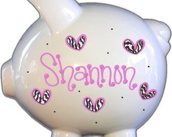 Personalized Ceramic Piggy Bank, Zebra Hearts Design, Baby Girl Gift