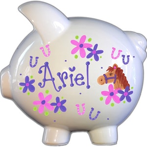 Personalized Piggy Bank with Horse Design | White | Hot pink and purple | Large piggy bank, Baby Gift