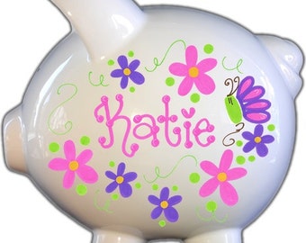 Personalized Piggy Bank with Flowers and Butterflies Hot Design | JUMBO |  White |hot pink | Baby Gift