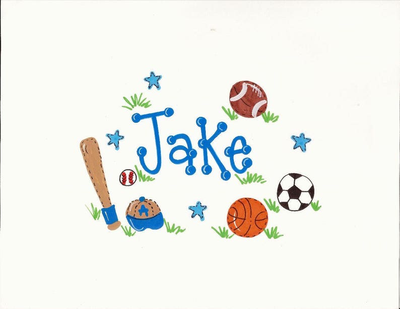 May include: A blue and white personalized name sign with the name "Jake" in blue letters. The sign is decorated with a baseball bat, a baseball, a baseball cap, a basketball, a soccer ball, and stars.