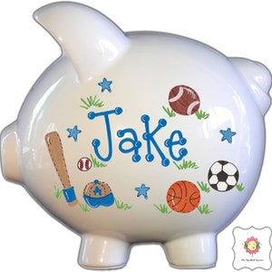 Large Personalized Hand-Painted Ceramic Piggy Bank with Sports Theme for Boys image 1