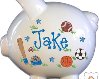 Large Personalized Hand-Painted Ceramic Piggy Bank with Sports Theme for Boys