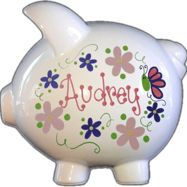 Personalized Piggy Bank with Flowers and Butterflies Pastel Design | White | Pink | Large | Baby Gift | Girl |