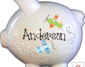 Personalized Piggy Bank with Airplane Design | White | Blue and green | Large | Birthday Gift |