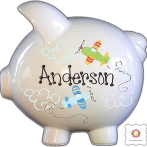 Boy&#39;s Piggy bank personalized with Airplanes, Airplane Nursery Decor, Baby Shower gift for boys, Birthday Boy gift