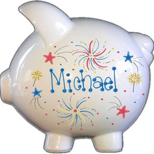 Personalized Piggy Bank with Fireworks Design | White | Red White and Blue | Large | Birthday Gift |