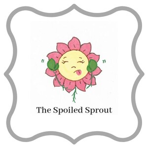 May include: A pink flower with a yellow face and a tongue sticking out. The flower has two green leaves on either side of its face. The text "The Spoiled Sprout" is below the flower.