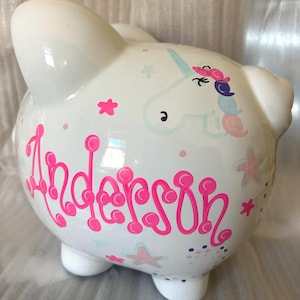 Personalized Piggy Bank with Unicorn  Design | White | Pink | Large | Baby Gift | Girl |