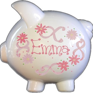 Personalized Piggy Bank with Pink Flowers and Ribbons Design, Baby Shower Gift, Gift For girl, Piggy Bank, Custom Piggy Bank, Coin Bank,