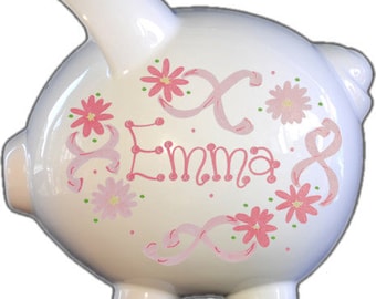 Personalized Ceramic Piggy Bank, Pink Flowers and Ribbons, Baby Girl Gift