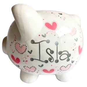 Piggy Bank Personalized for Girl, Pink and Gray Hearts Design, Baby Shower Gift, Birthday Gift for Girl, Piggy Bank Girl