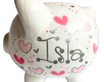 Piggy Bank Personalized for Girl, Pink and Gray Hearts Design, Baby Shower Gift, Birthday Gift for Girl, Piggy Bank Girl