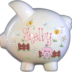 Girl&#39;s personalized piggy bank with pink piggy and farm