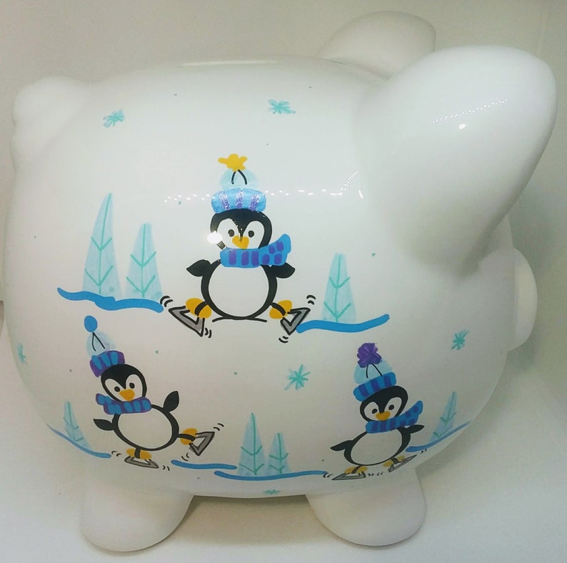 Personalized Piggy Bank With Penguins White and Blue large Etsy