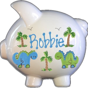 Personalized Piggy Bank with Dino Design | White | Blue and Green | Large | Baby Gift