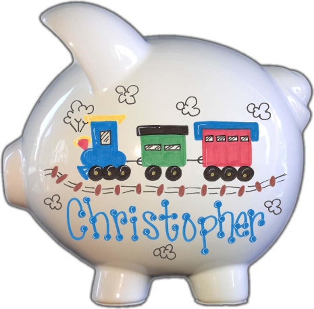 Hand Painted Personalized Piggy Bank With Train Theme for Boy Size
