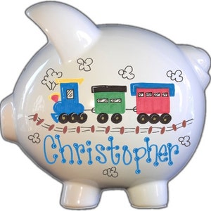 Hand painted personalized piggy bank with train theme for boy size large