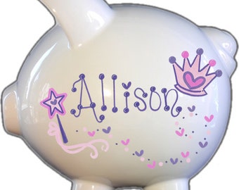 Personalized Princess Piggy Bank, Hand-Painted Ceramic, Baby Shower Gift