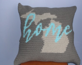 Michigan 18x18 hand crochet pillow in gray