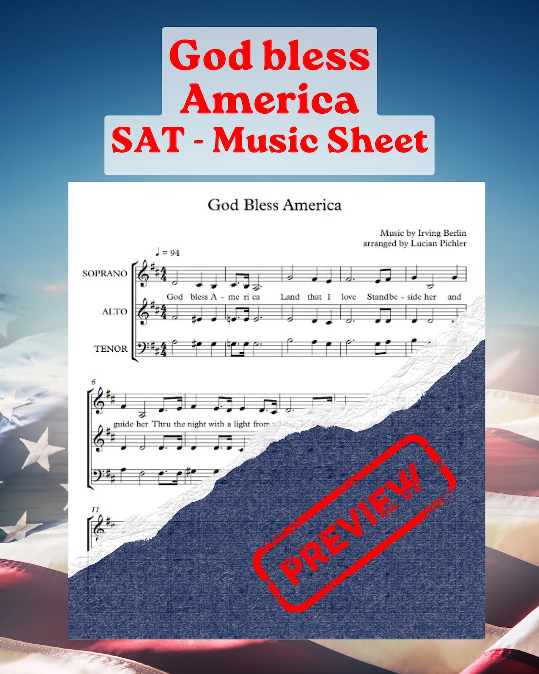 God Bless America Chorus Sheet Music | Vocal Only Choir Arrangement ...