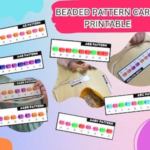Puede incluir: Tarjetas imprimibles educativas para aprender patrones de cuentas. Las tarjetas presentan cuentas de colores dispuestas en patrones AB, AAB, AABB, ABB y ABC. El texto "BEADED PATTERN CARDS PRINTABLE" se muestra en la parte superior.