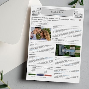 May include: A white envelope with a wedding announcement inside, featuring the names "Sarah & John" at the top. The announcement includes text about the union of Sarah Green and John Arthur, with a photo of the couple. The announcement is on a gray surface.