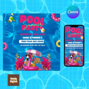 Invitación en video editable para fiesta en la piscina azul, temática tropical de verano neón para niños, adolescentes y adultos, plantilla Canva DIY.