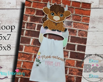 Highland Cow Dishcloth Hanger - ITH Project - 5x7 5x8 - Machine Embroidery Design - Instructions Included