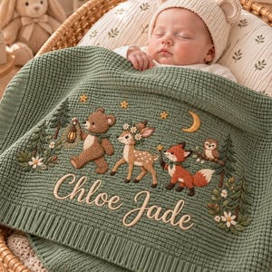 Personalized Name Woodland Night Parade Baby Blanket, Custom Embroidered Bear Fox Baby Shower Gift, Welcome Baby Blanket, Keepsake Newborn