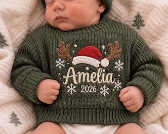 Custom Embroidered Santa Hat Baby Sweater, Personalized First Christmas Baby Sweater, Knitted Baby Jumper, Newborn Sweater, Baby Shower Gift