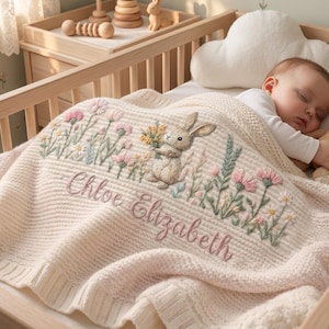 Personalized Bunny Baby Embroidered Blanket, Floral Baby Girl Blanket, Custom Rabbit Blanket, Welcome Baby Nursery Keepsake, Newborn Gift