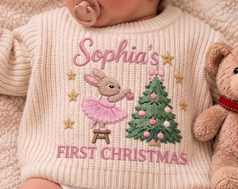 Custom Embroidered Pink Bunny Baby Sweater, Personalized First Christmas Baby Sweater, Knit Baby Jumper, Baby Sweater, Newborn Sweater