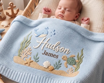 Personalized Embroidered Ocean Baby Blanket, Custom Name Knitted  Whale Turtle Baby Shower Gift, Welcome Baby Blanket, Keepsake Newborn